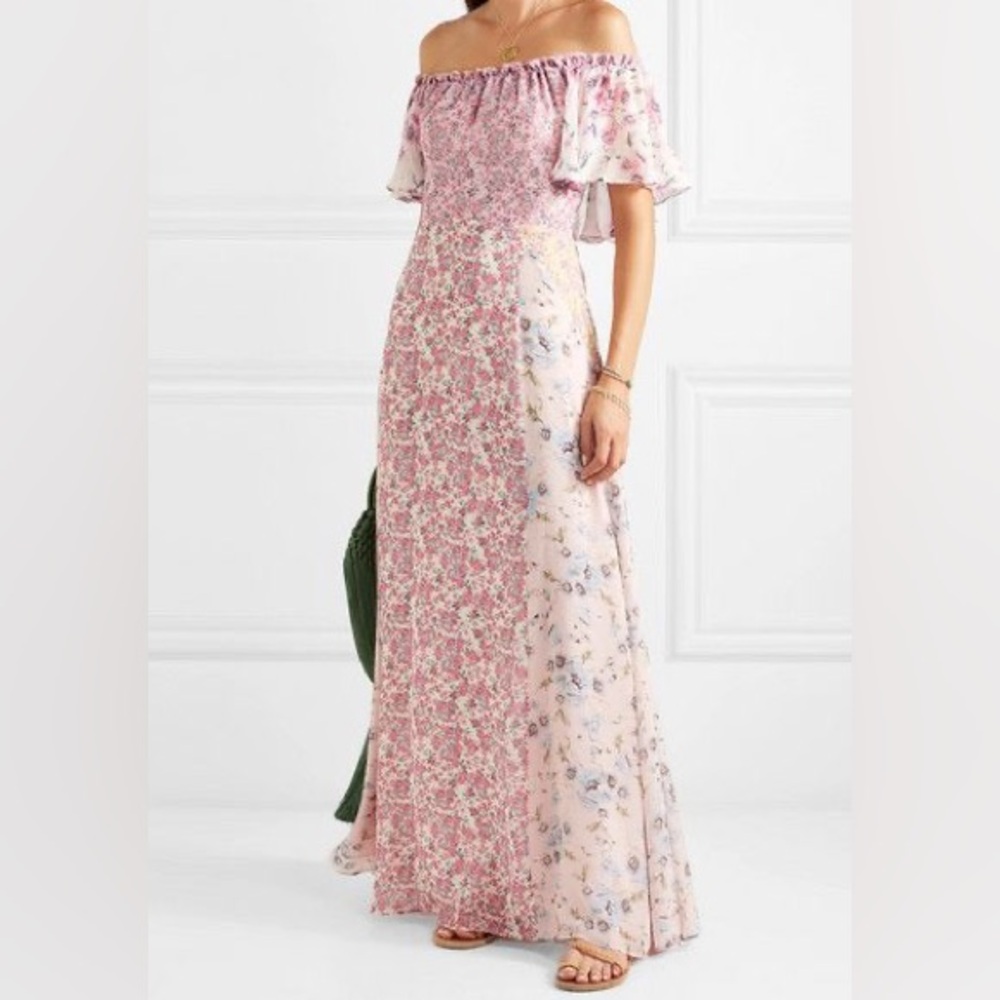 LoveShackFancy Evelyn Pink Multi Floral Maxi Silk Off the Shoulder Dress EUC 6 - Picture 3 of 11